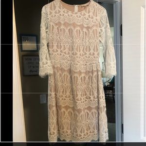 Nude with white overlay long sleeve dress
